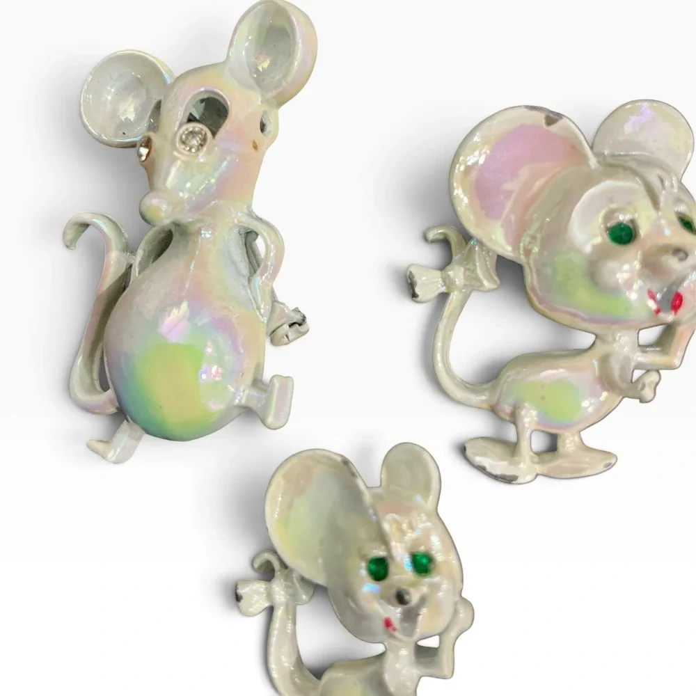 Vintage Gerry's Mouse Brooch Lot Iridescent White Enamel Rhinestone Eyes 3 Pc